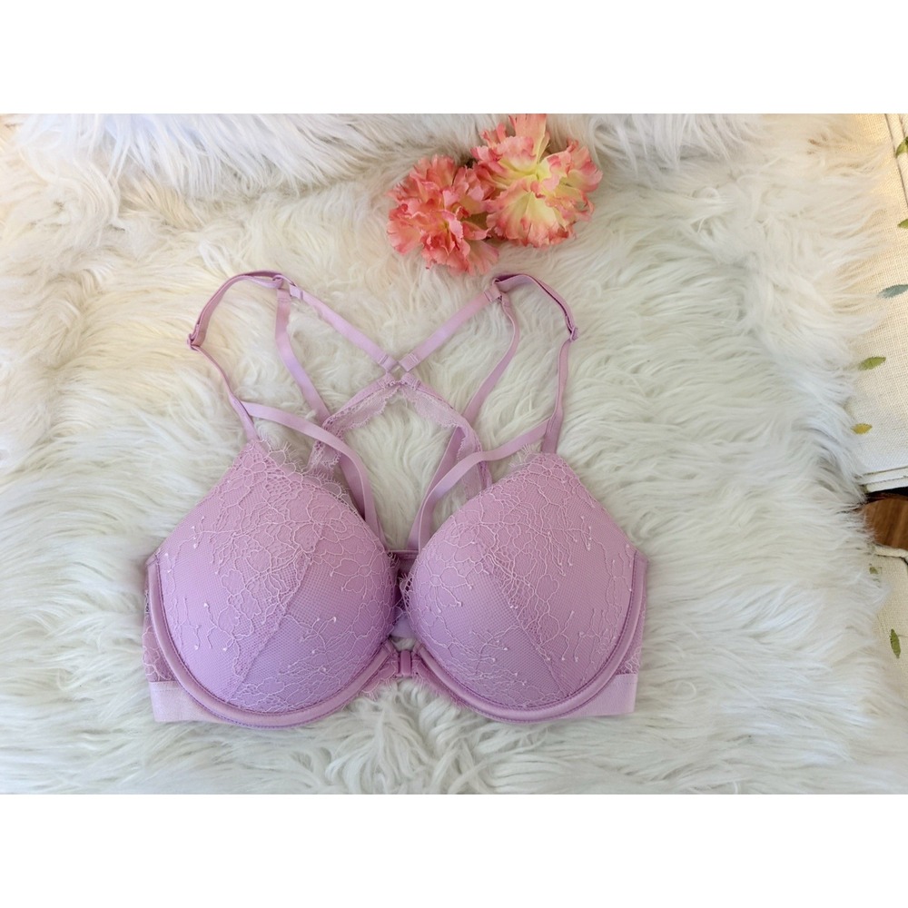 Victoria Secret Bra Lilac Pink 32D Push Up Front Close Lace Racerback Underwire